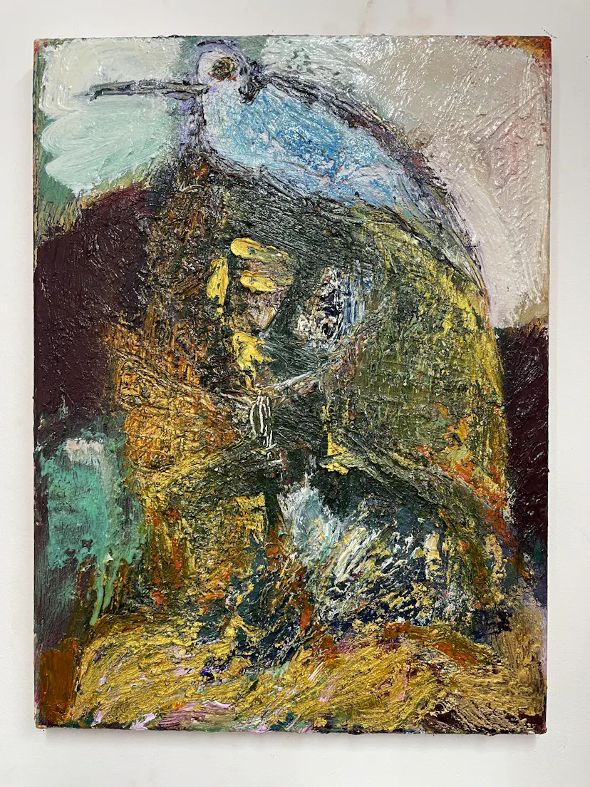Figure with Bird.Oil on linen. 40 x 30 cm