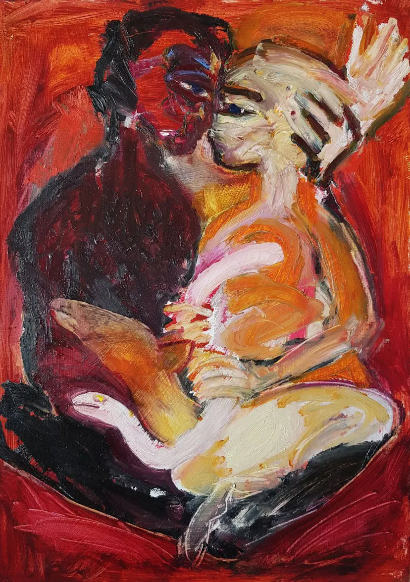 Lovers in a trance. Oil on sized paper. September 2020