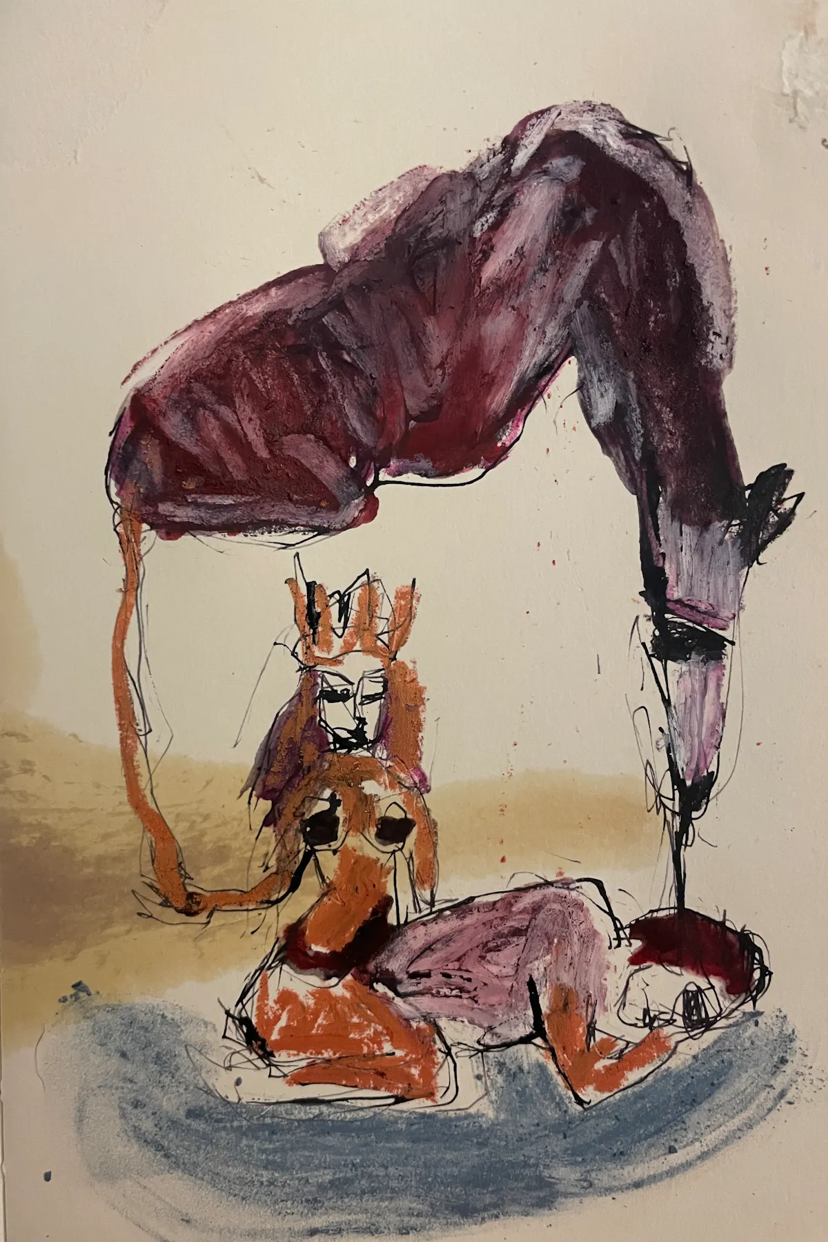High Priestess with sleeping Man and Spirit Horse. Drawing in book. 2023