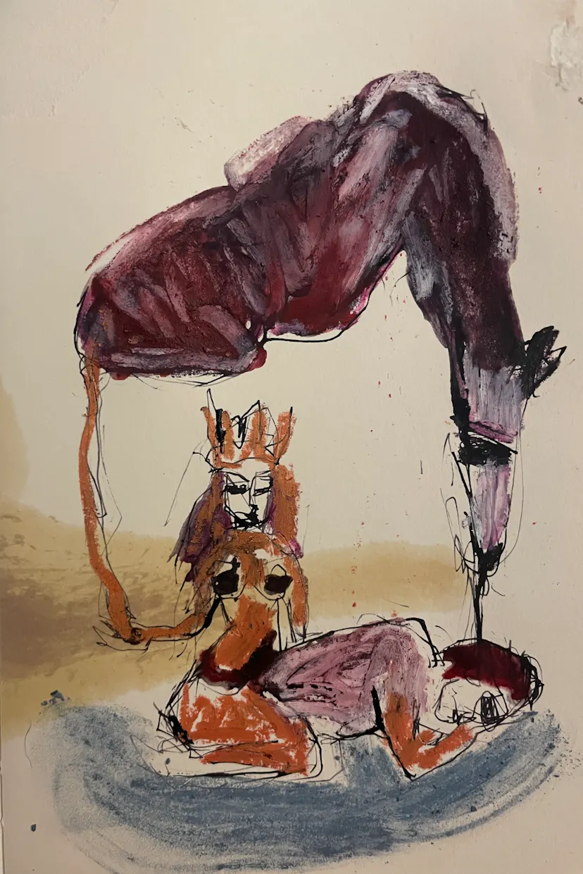 High Priestess with sleeping Man and Spirit Horse. Drawing in book. 2023