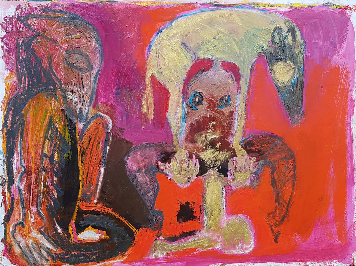 The Golden Child, face down. oil on gessoed paper. 56 x 76 cm 2021.