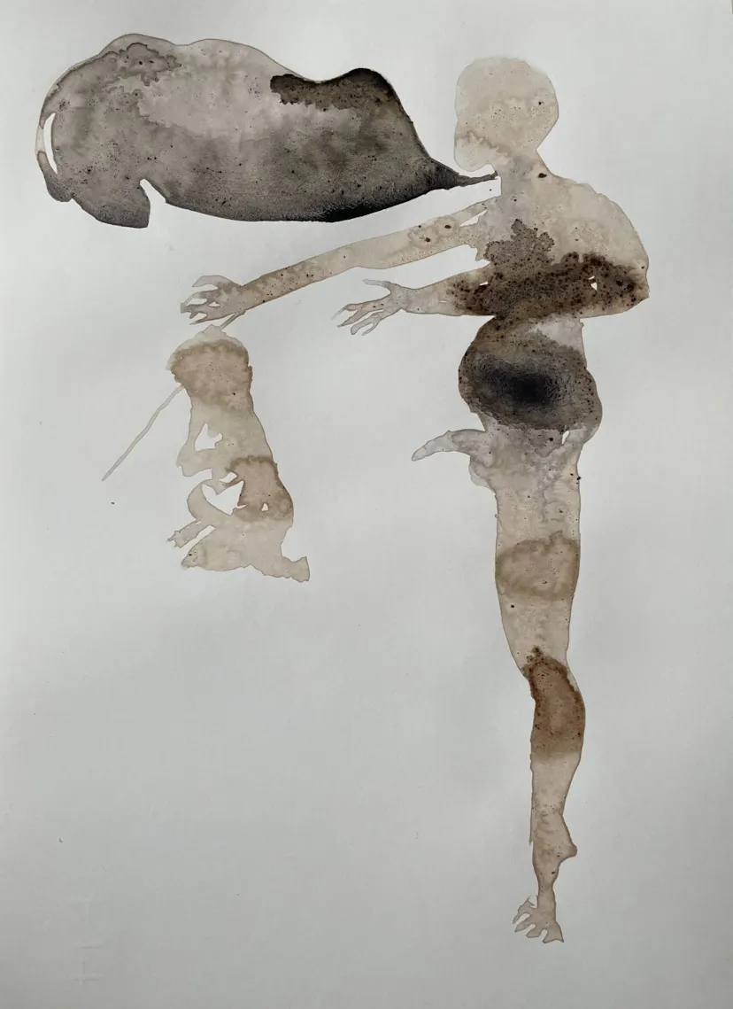 Father, finger lance, pierced girl. Oak gall ink on paper. 33 x 24 cm. August 2024 Kate Walters