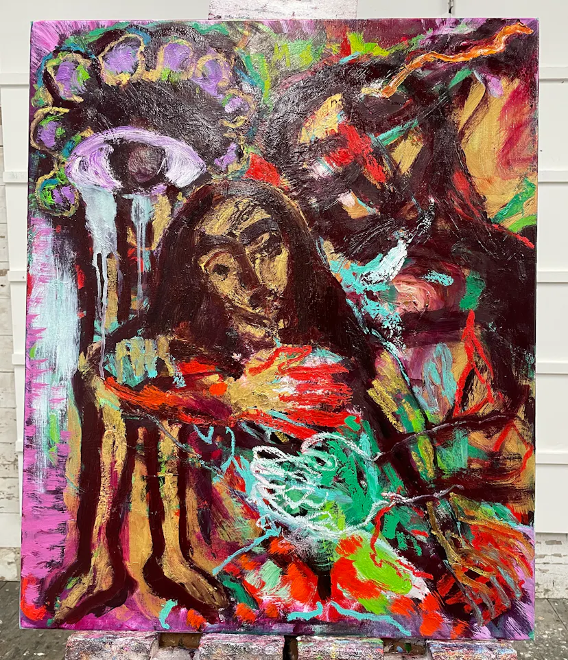 Being held and seen with love. Oilpaint and oilstick on linen. 74 x 64 cm 2024