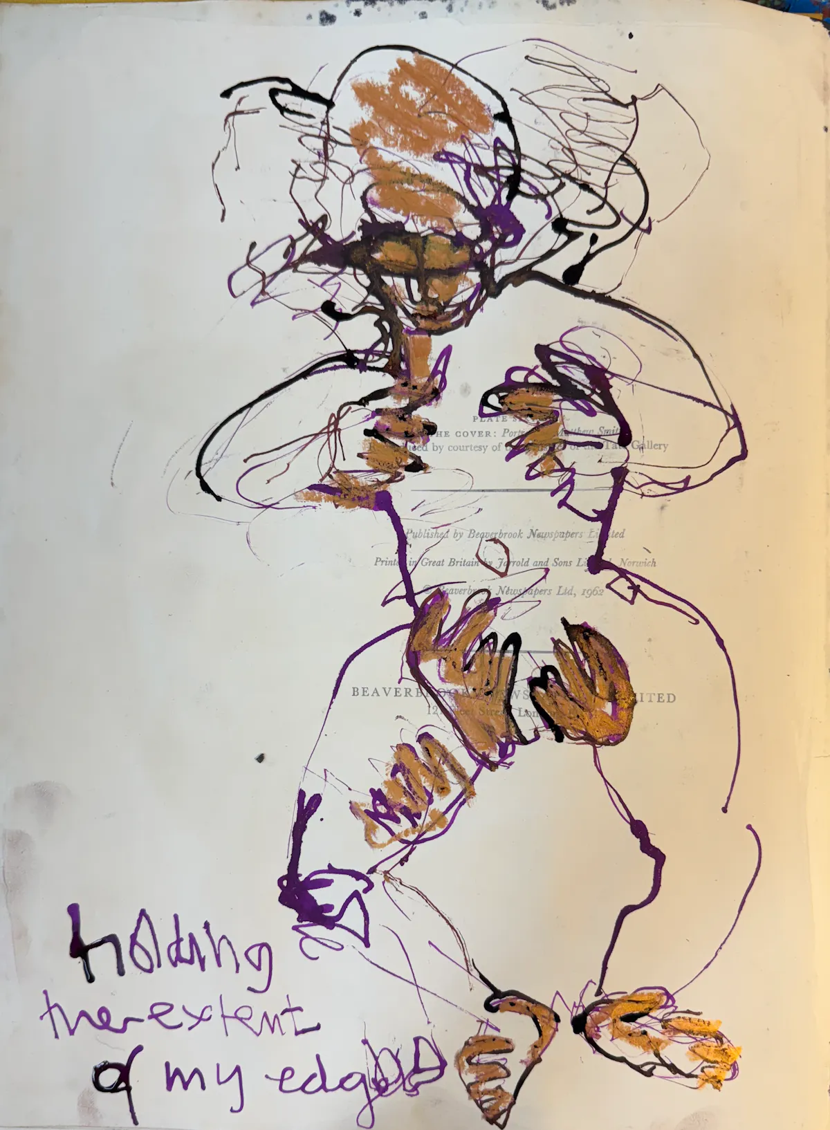 Holding my edges. Drawing on a book page. 2025
