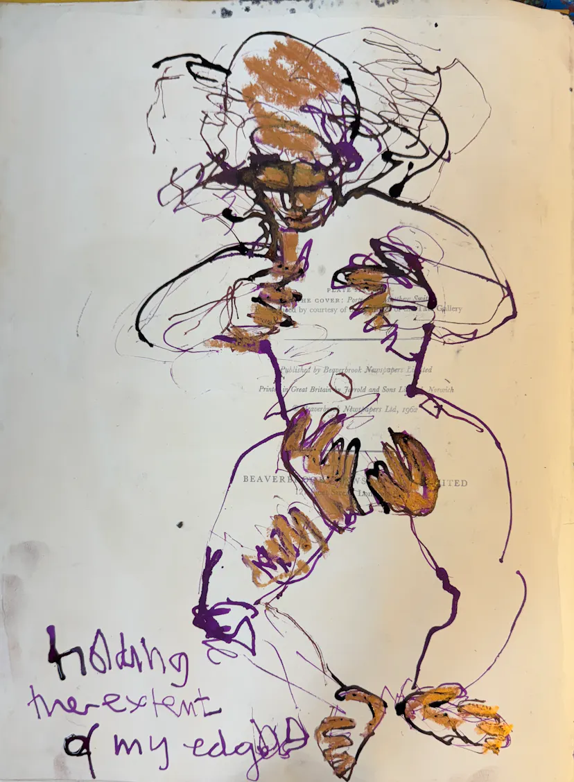Holding my edges. Drawing on a book page. 2025