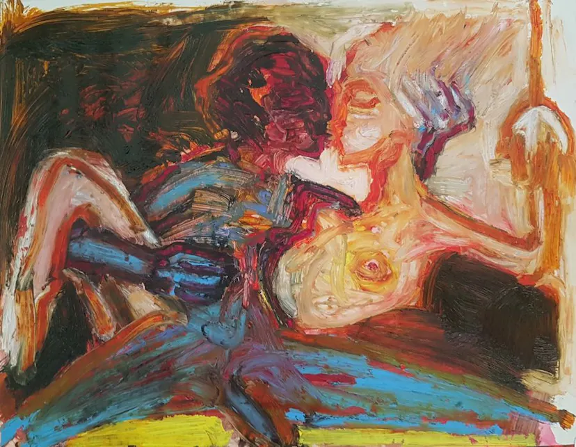 Lovers intersecting, an initation. Oil on gessoed paper approx 30 x 40 cm