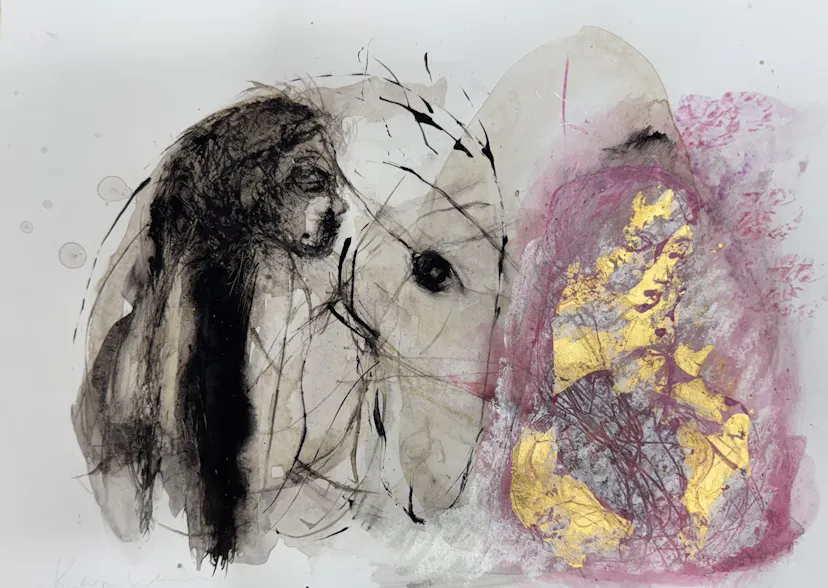 Seer with Golden Child. Oak gall ink, watercolour and gold leaf on paper. 2022