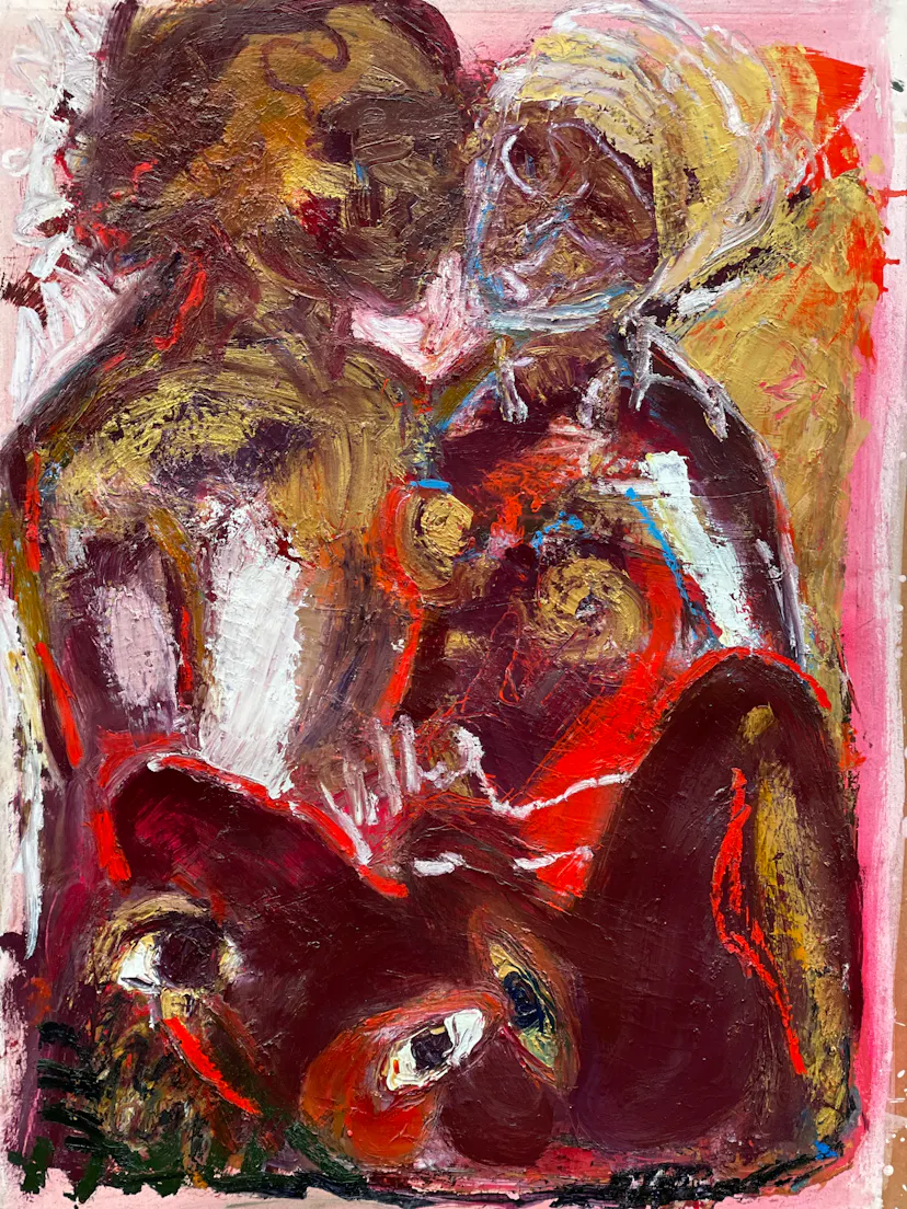 Falling together, rising together from the contours of time. Oil on gessoed paper. 76 x 56 cm 2022