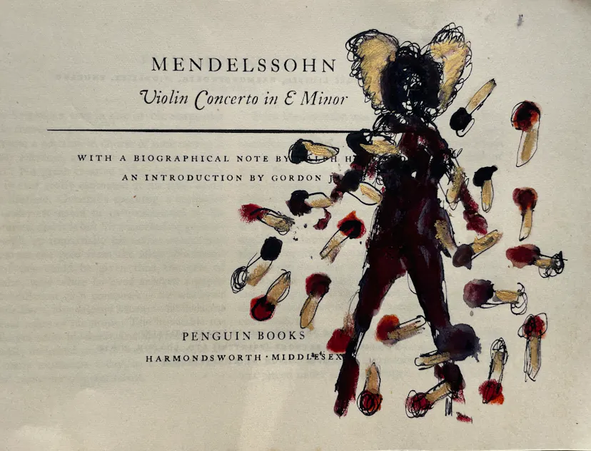 Drawing of floating phalli in musical book. ink. January 23