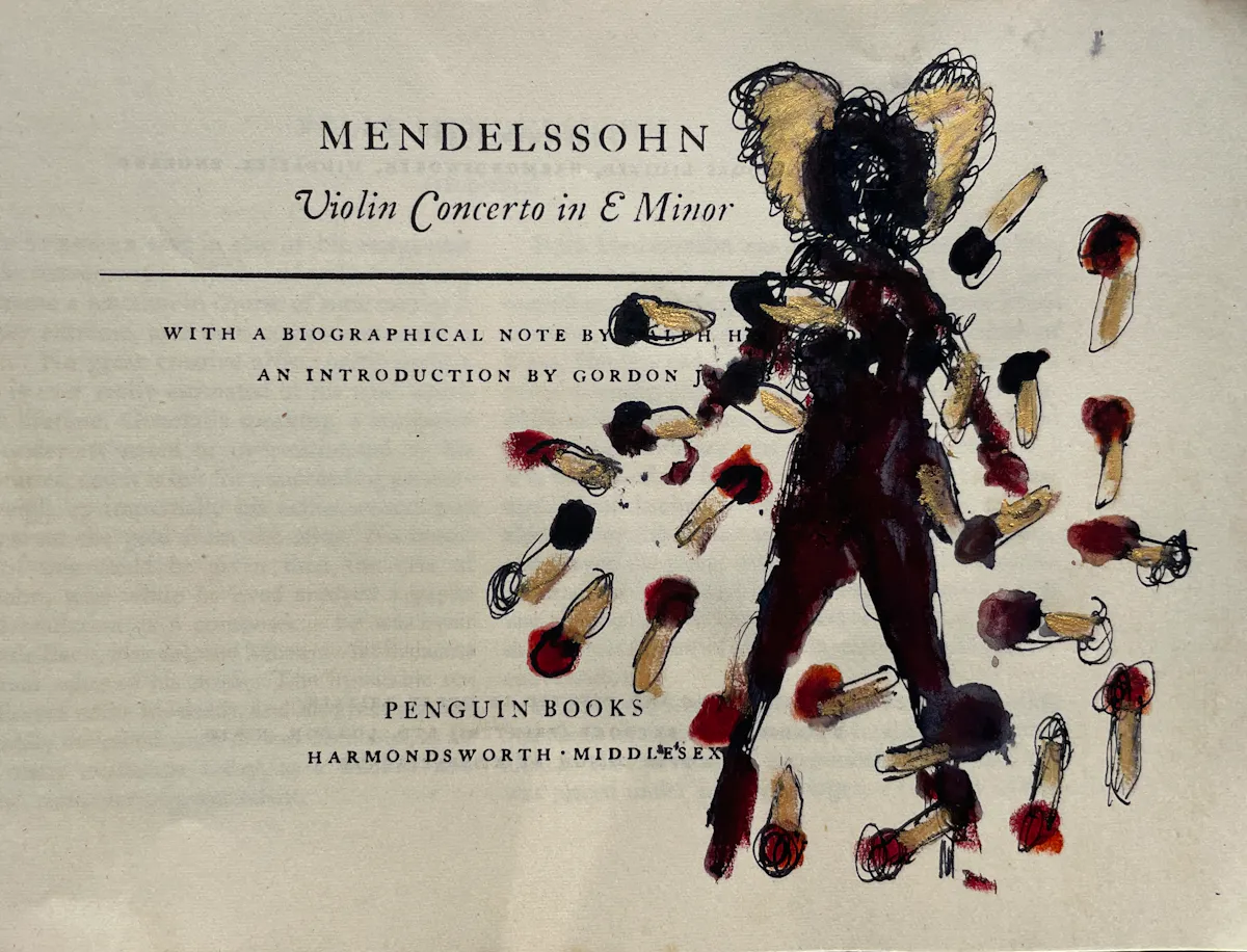 Drawing of floating phalli in musical book. ink. January 23