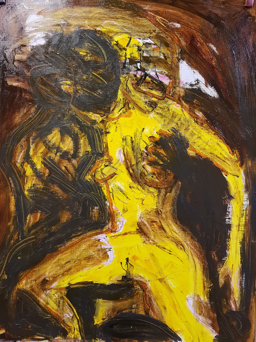 With a Man. Oil on prepared paper. 76 x 56 cm.