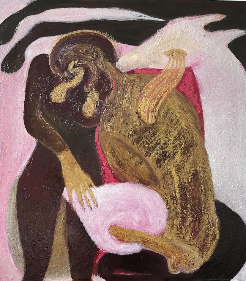 Holding my womb of blossoms in the age of the kissing eye. Oil on canvas 90 x 80 cm. May 2022