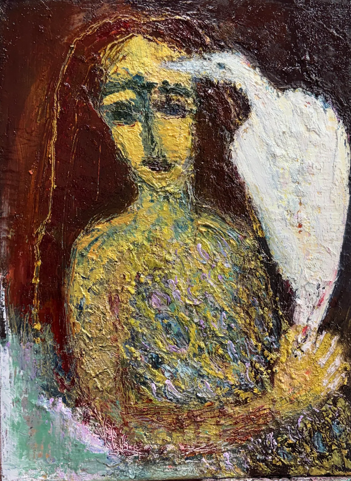 Painting of a Madonna, her body pouring with seeds. She is holding a white bird.