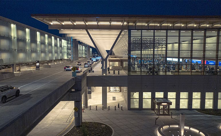 Kansas City International Airport terminal at night