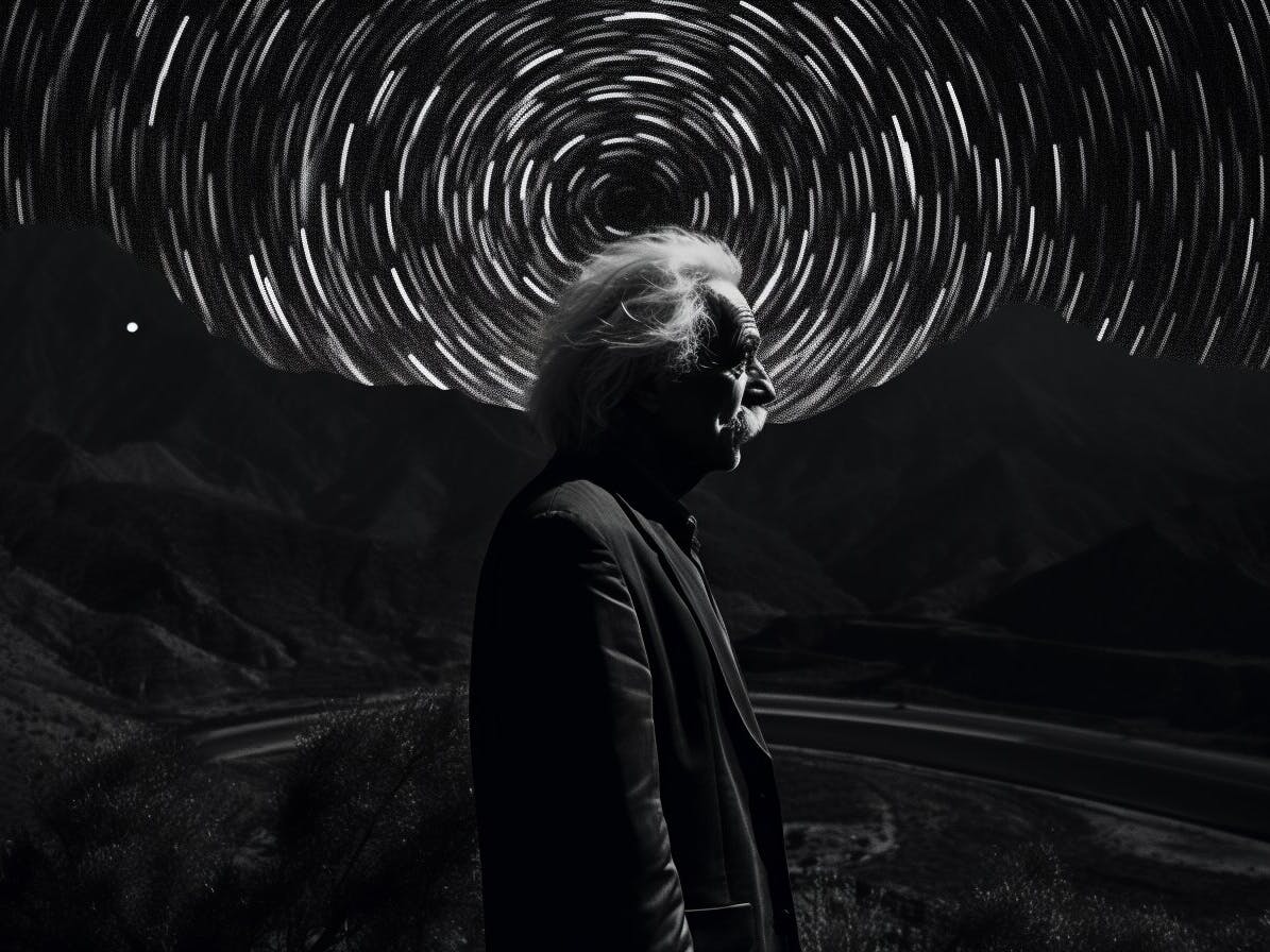 Einstein. AI-generated by Midjourney. Credit: Tatiana Tsiguleva, @ciguleva — Prompt: minimalistic editorial photo of old Einstein with white hair wearing a dark jacket, a star trail above the mountains, in the style of circular abstraction, 8k resolution, spirals, abstract, black and white colors --ar 3:2 --v 5