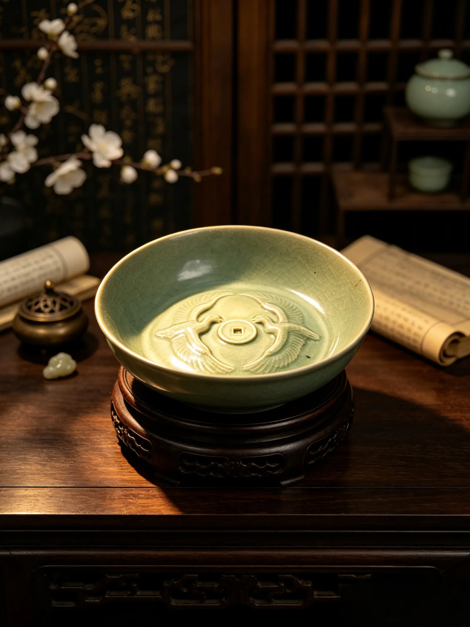 宋:汝瓷天青釉双鸽衔钱纹笔洗| 汝窑Ru Ware