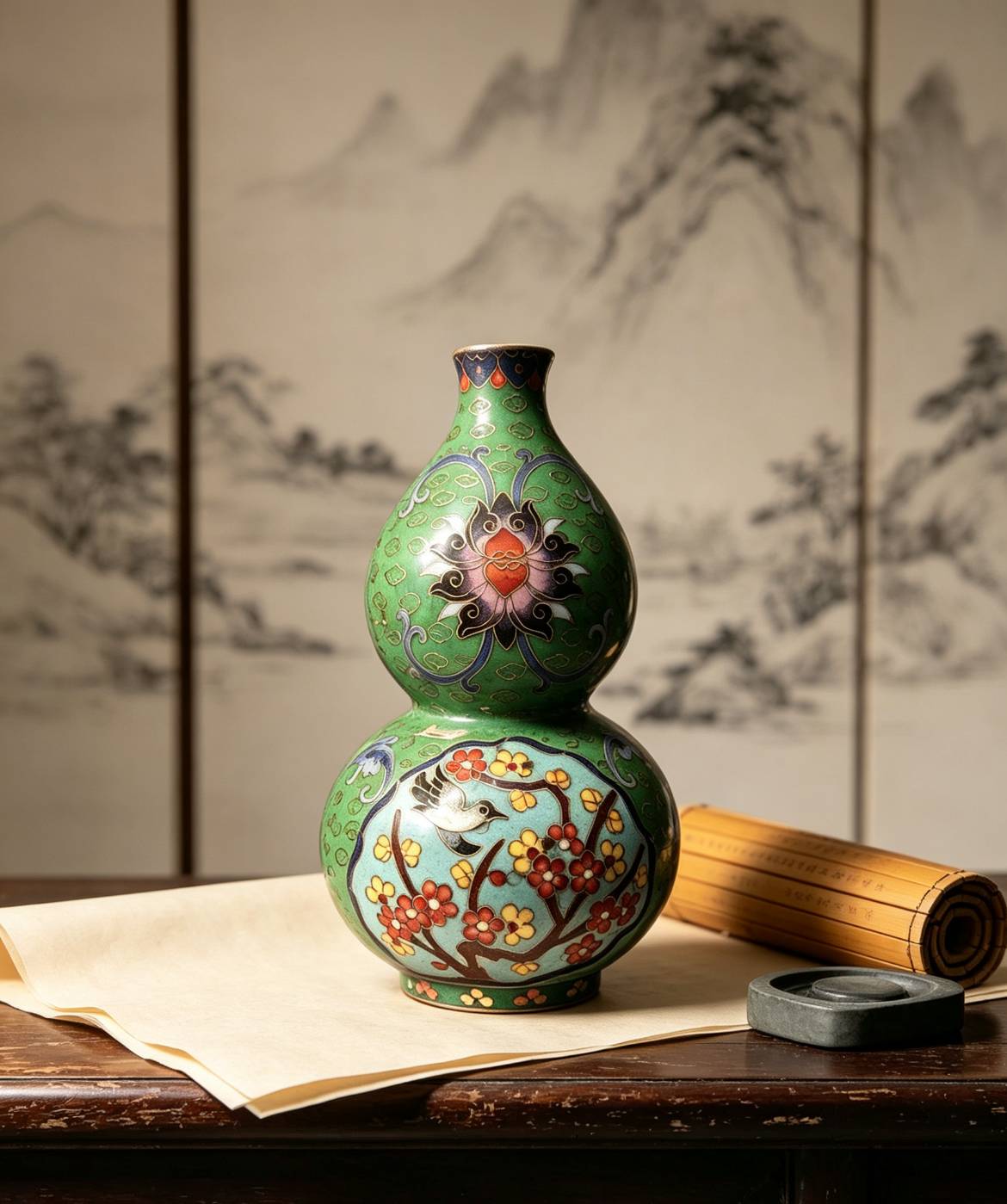 绿地掐丝珐琅彩开关花鸟葫芦瓶| 成化Cheng Hua