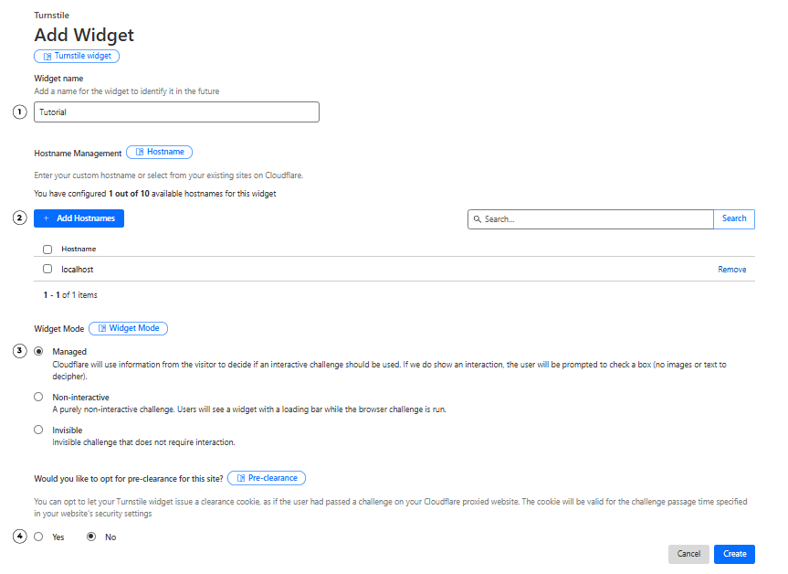 Form to create a new cloudflare turnstile widget