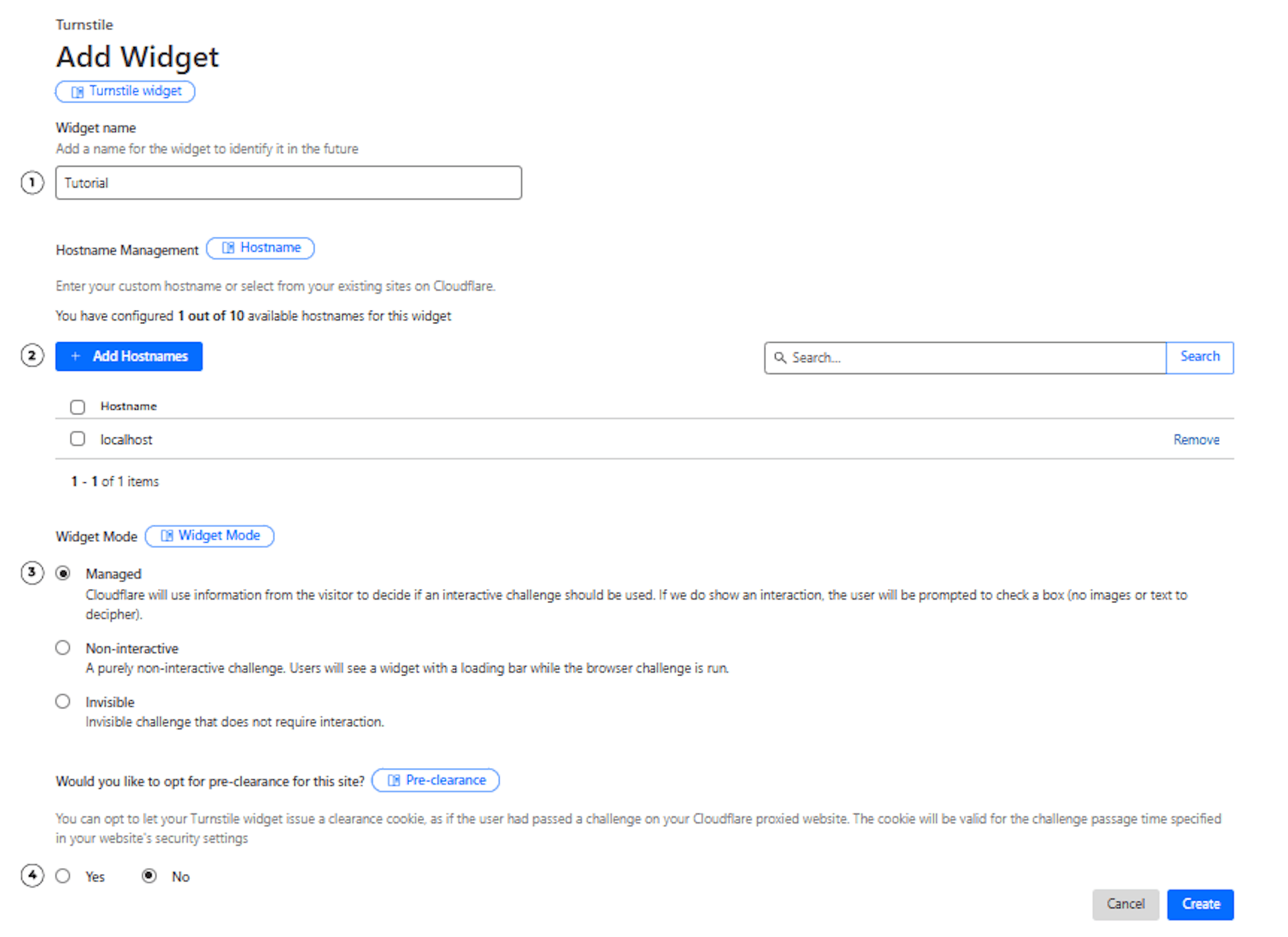 Form to create a new cloudflare turnstile widget