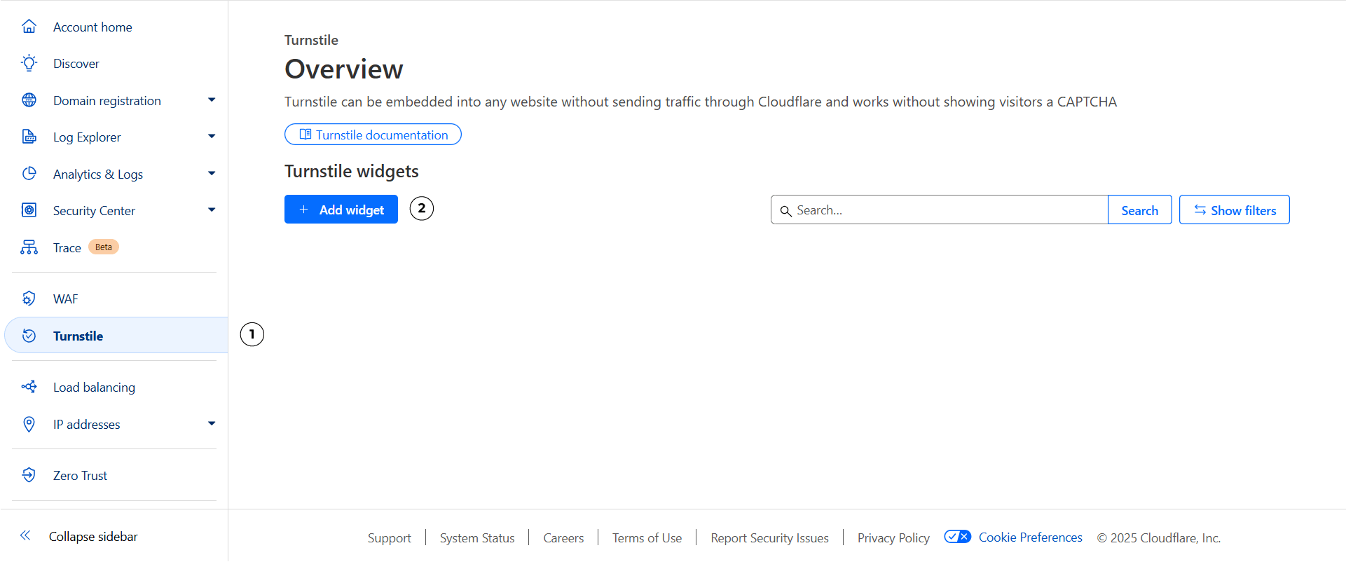 Cloudflare turnstile section in the account dashboard