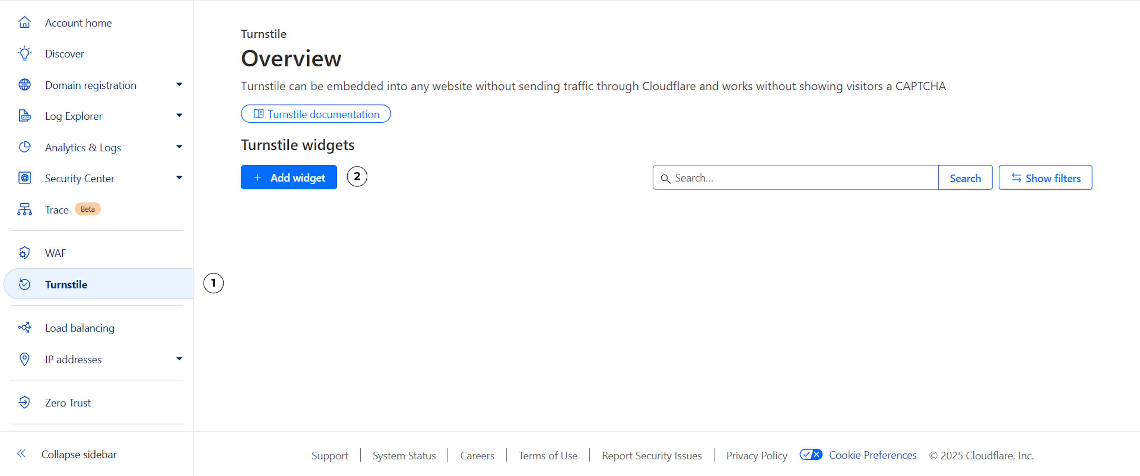 Cloudflare turnstile section in the account dashboard