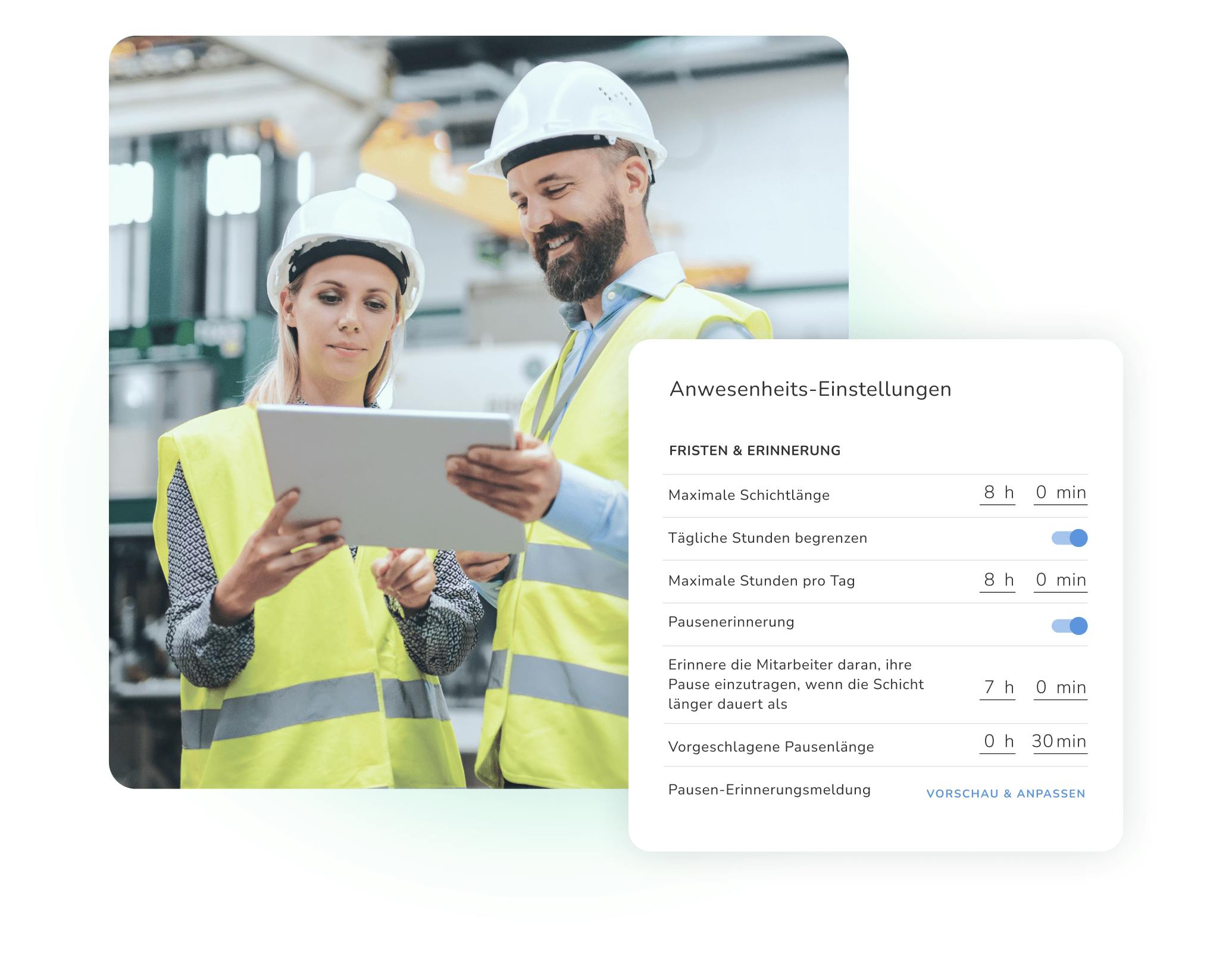 Zwei Arbeiter erfassen ihre Arbeitszeit mit einem Tablet.
