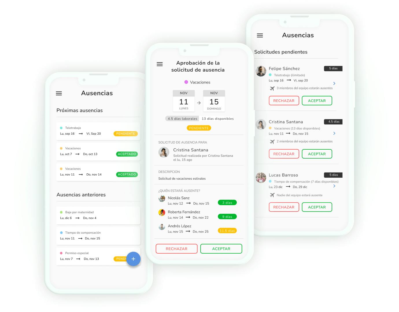 Tres imágenes de la aplicación de gestión de ausencias para móvil de Kenjo.