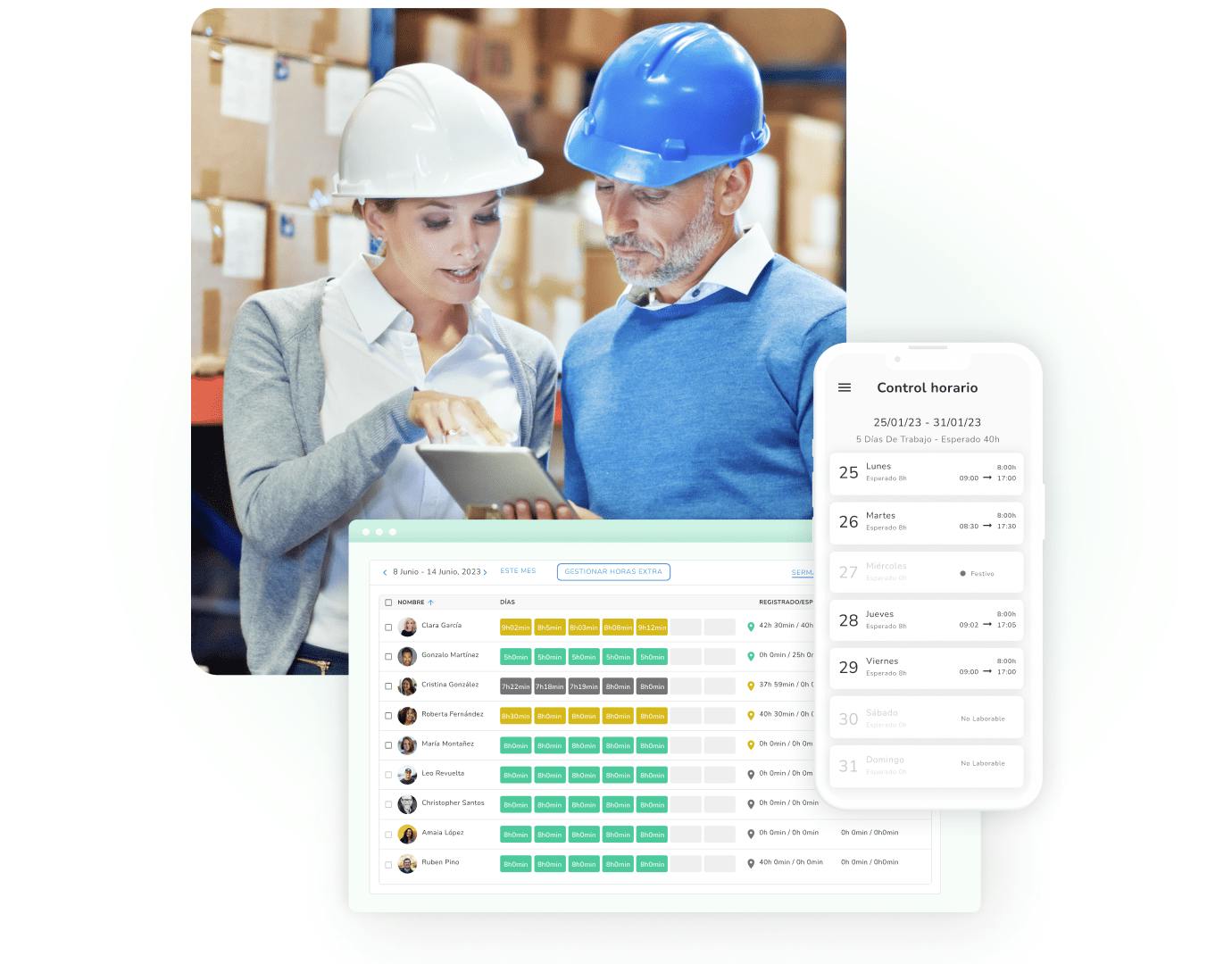 Dos trabajadores usando la funcionalidad de control horario de Kenjo.