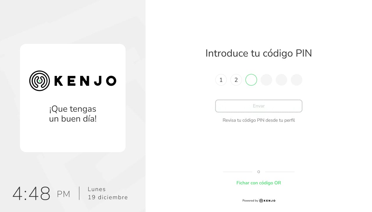 Punto de fichaje de Kenjo, introduce tu código PIN.