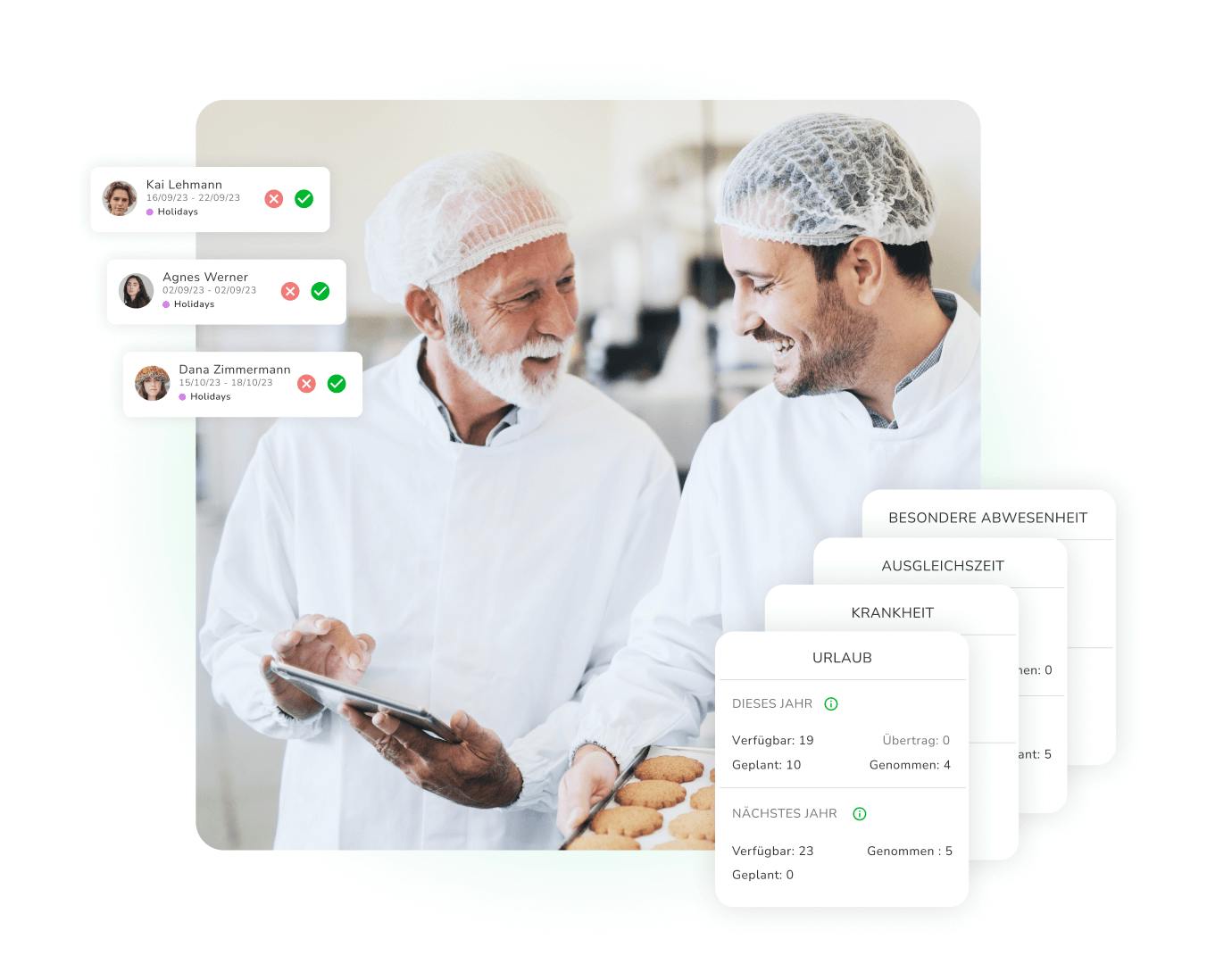 Zwei Arbeiter planen mit Kenjo Schichten an einem Tablet.