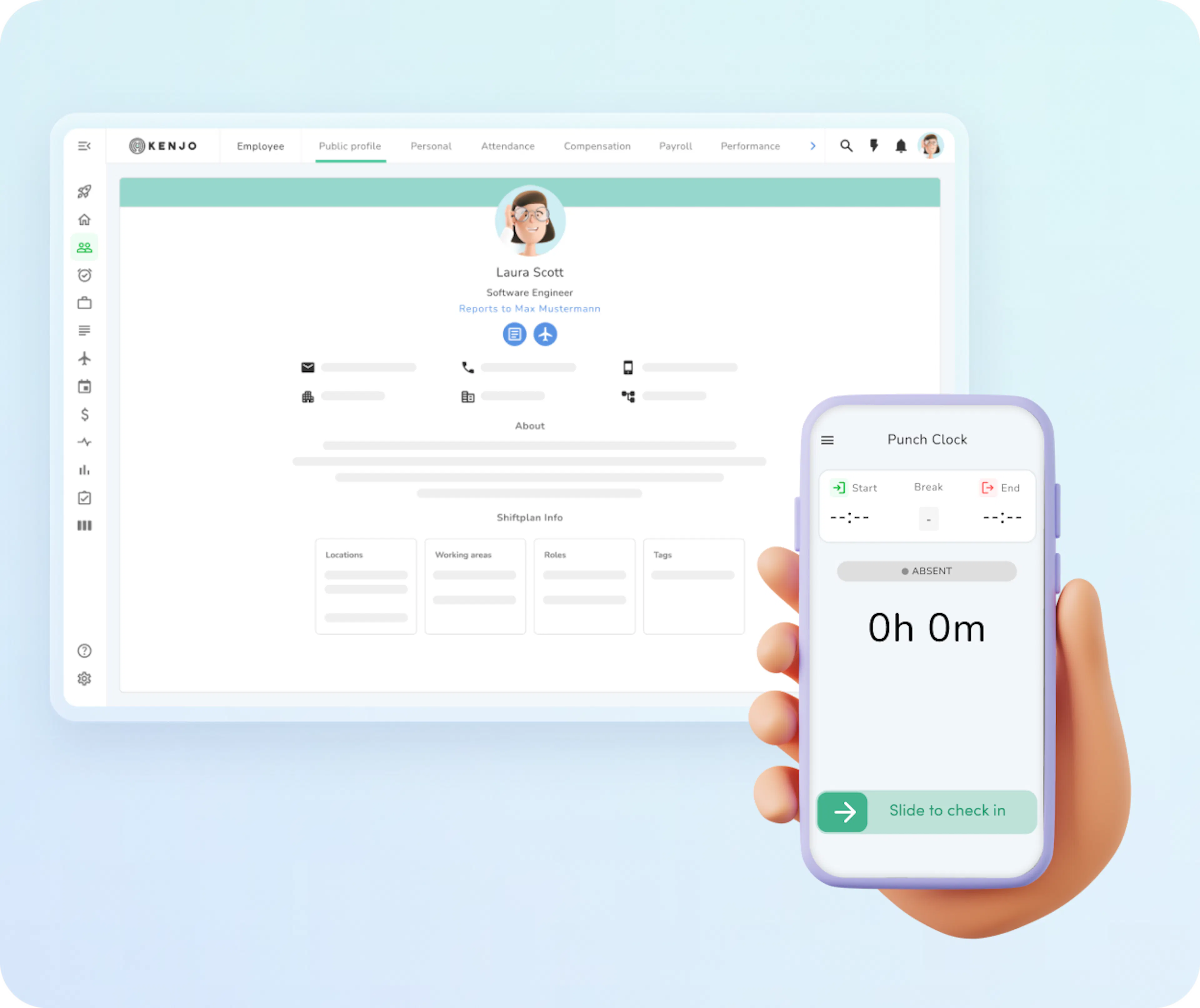 Digital employee file and mobile clock-in with Kenjo