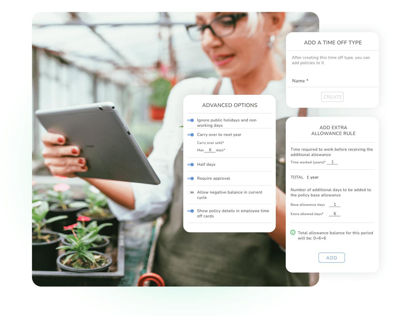 A young gardener works on her smartphone, which shows Kenjo's absence management software.