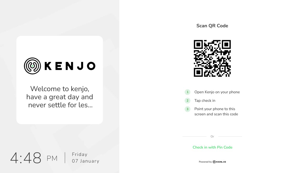Kenjo time tracking kiosk, scan QR code.