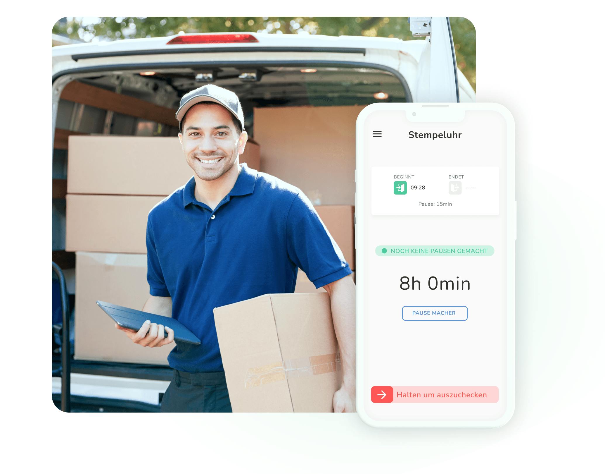 Ein Paketbote liefert ein Paket aus.