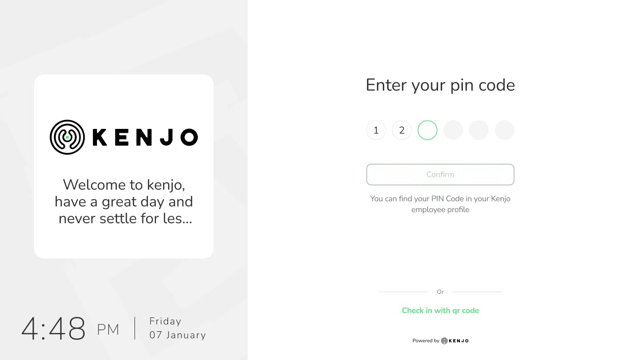 Kenjo time tracking kiosk, enter your pin code.