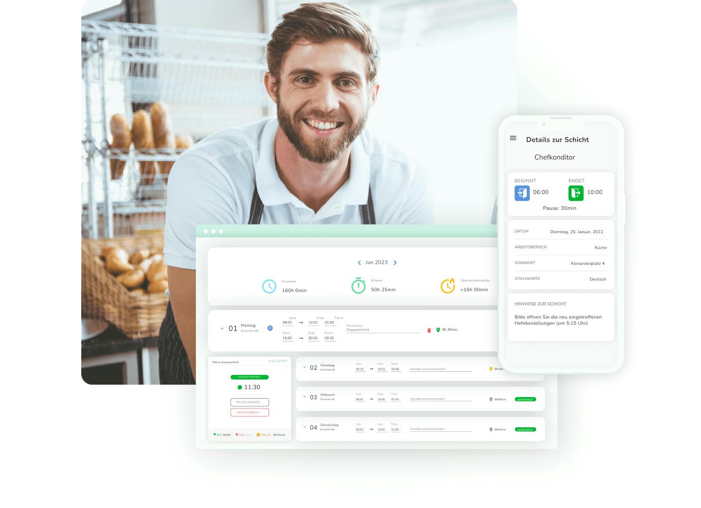 Ein Bäcker steht in seinem Laden und lächelt.