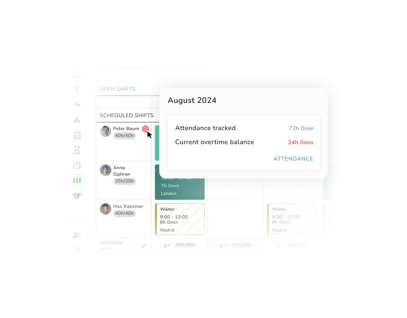 A screenshot from the app showing that shift plans are connected to time tracking.