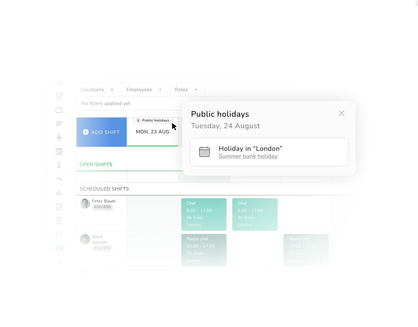 Public holidays are displayed in the app
