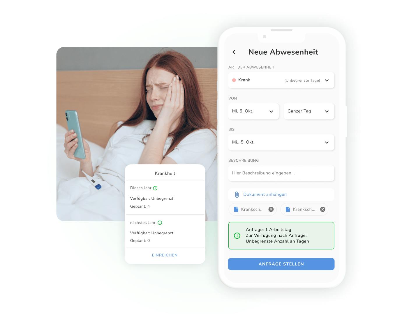 Ein kranke Frau hält ihr Smartphone, auf dem das Abwesenheitsmanagement von Kenjo aufgerufen ist.