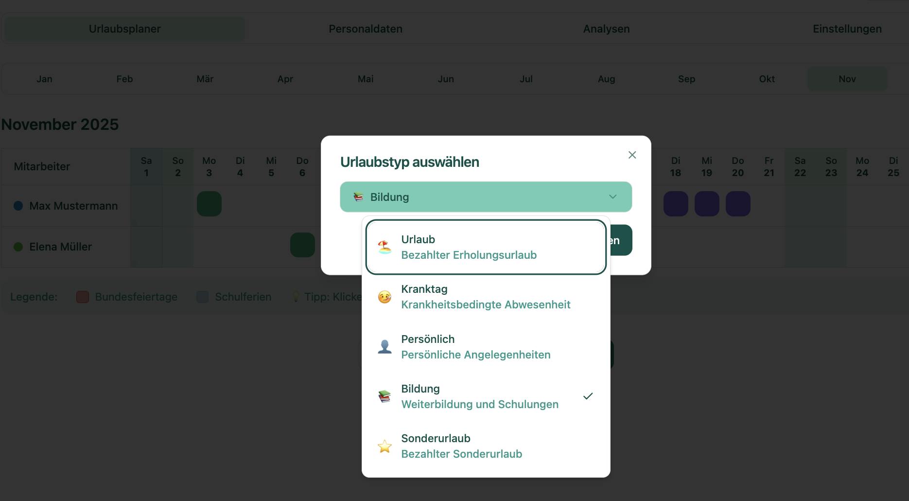 Kalender Urlaubsplanung