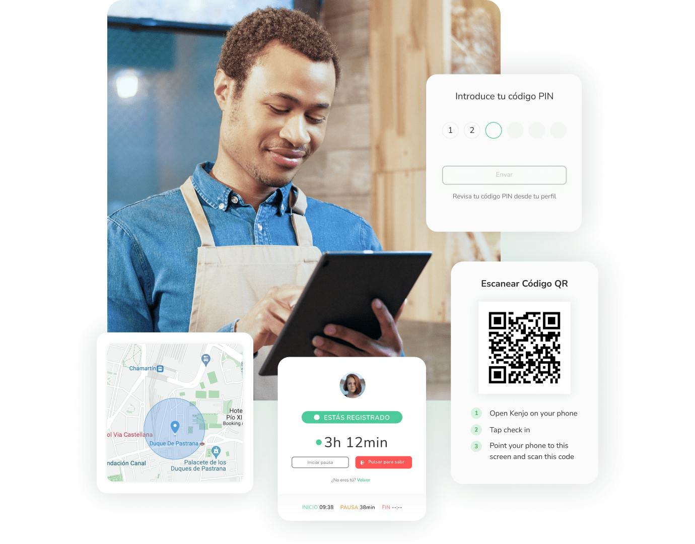 Modulos de diferentes opciones de control horario de los empleados como geolocalización, uso de código pin o escaneo de QR