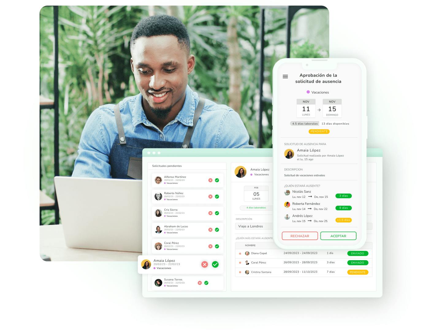 Un joven jardinero está trabajando en su portátil, en el que aparece la gestión de ausencias de Kenjo.