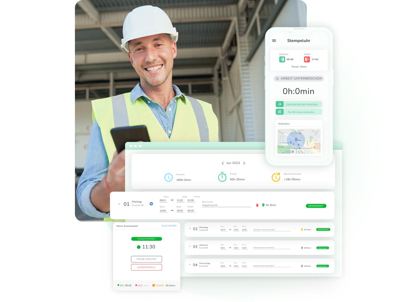 Ein Bauarbeiter hält ein Handy in der Hand.