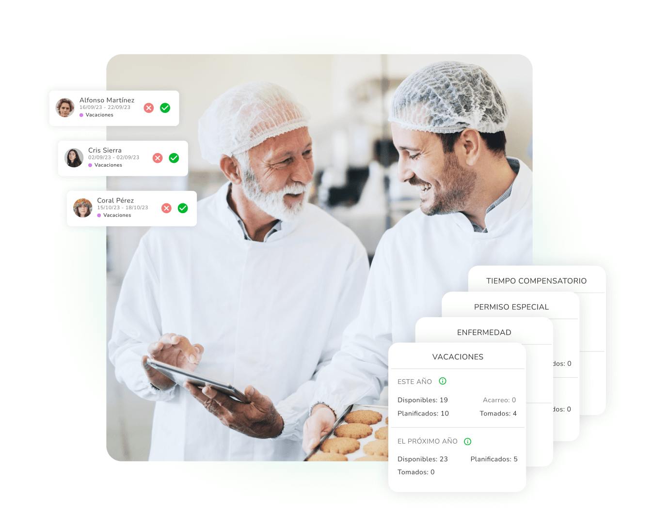 Dos empleados planificando turnos de trabajo de acuerdo con el calendario de vacaciones y ausencias.