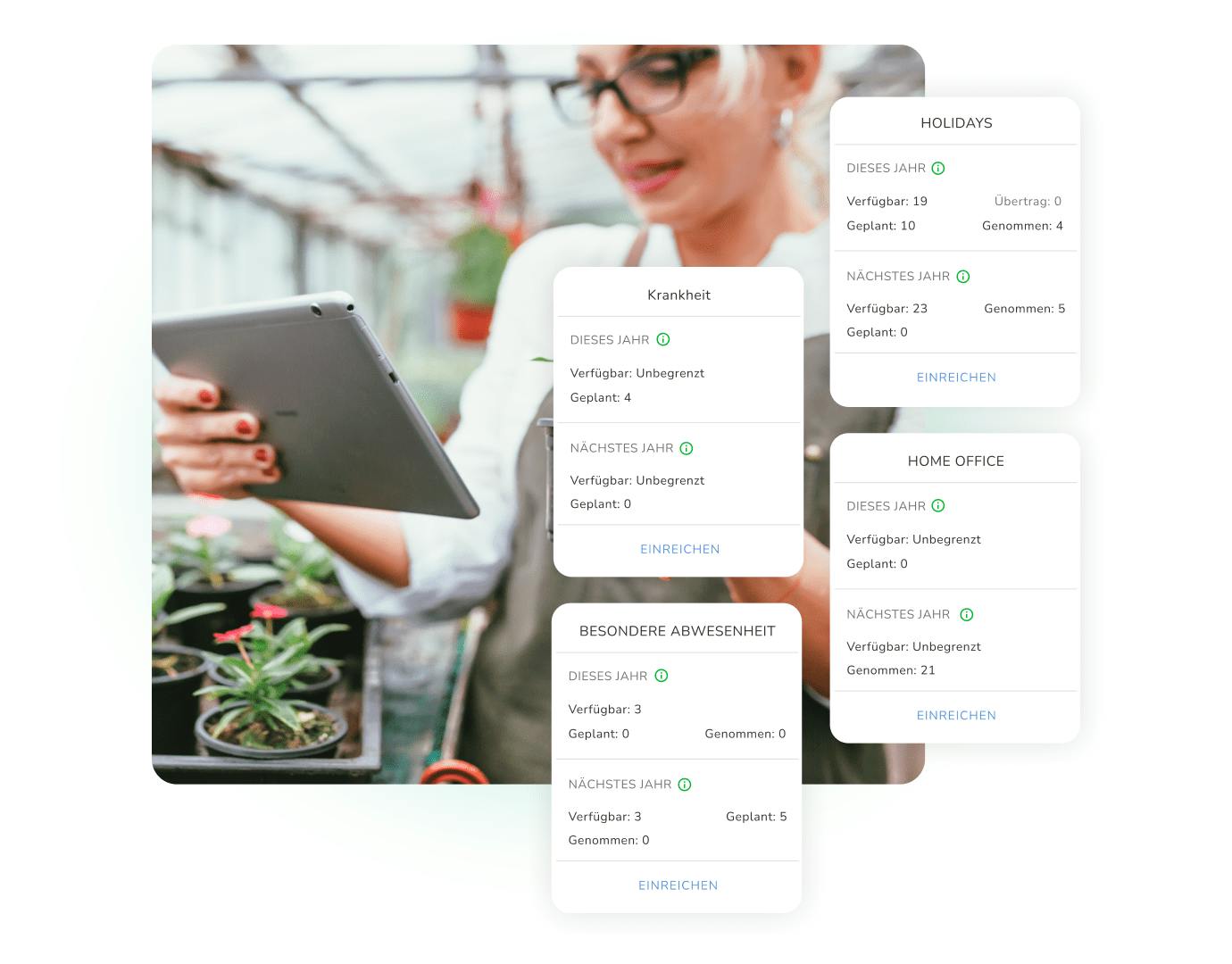 Eine junge Gärtnerin arbeitet am Smartphone, auf dem das Abwesenheitsmanagement von Kenjo zu sehen ist.