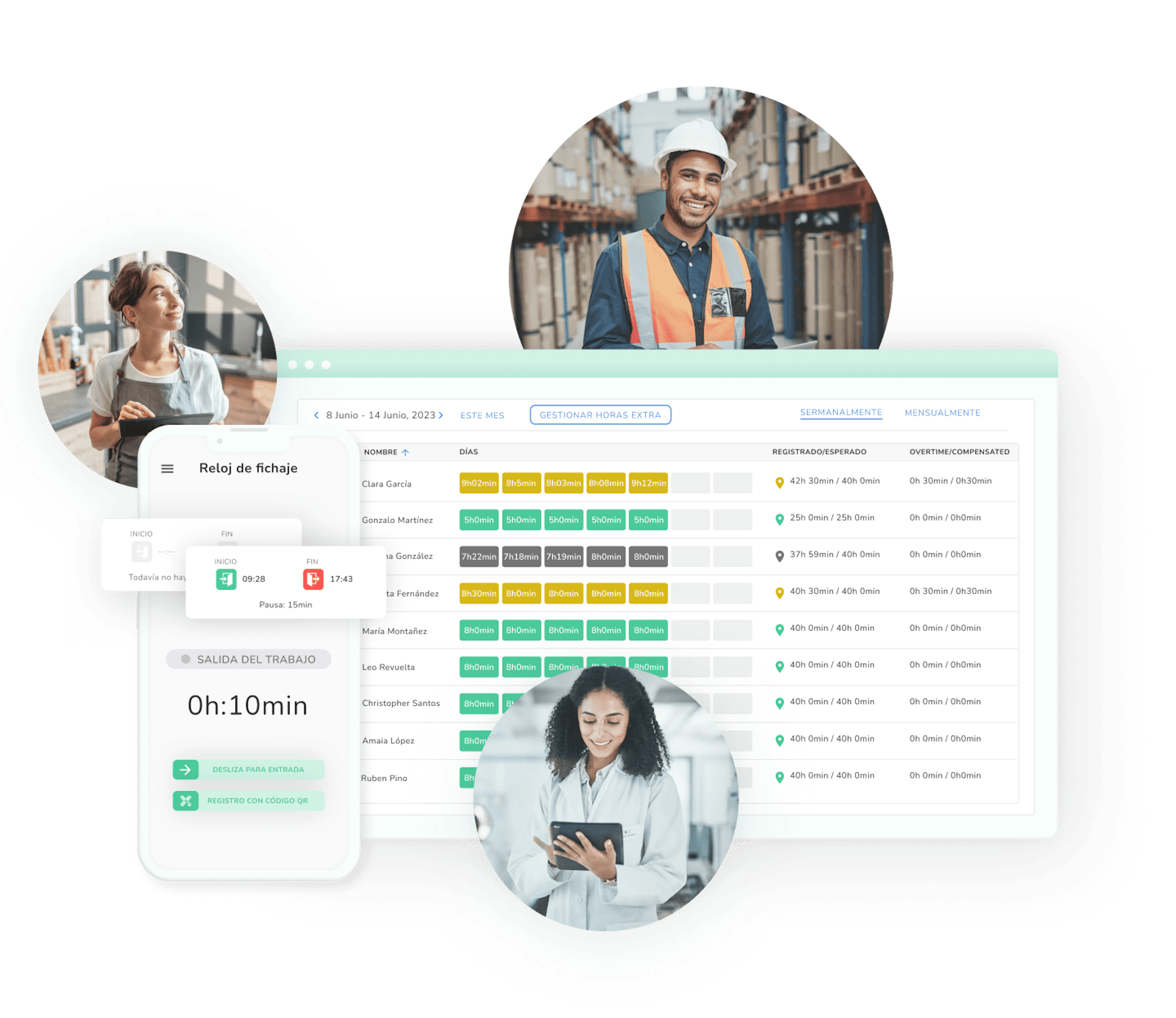 Varios trabajadores utilizan la funcionalidad de registro de tiempo de Kenjo en sus dispositivos.