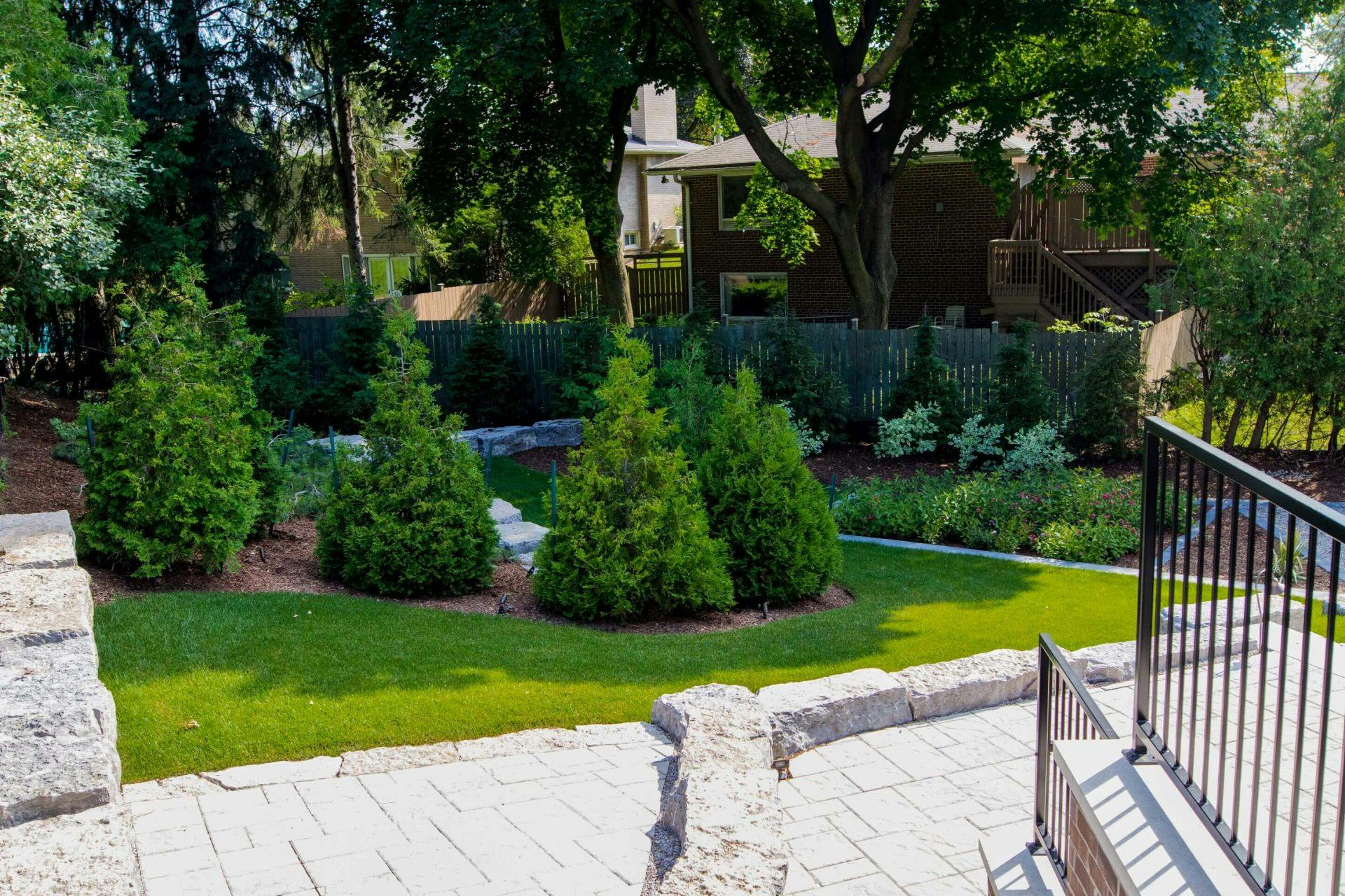 Multiple trees planted in a landscaped backyard