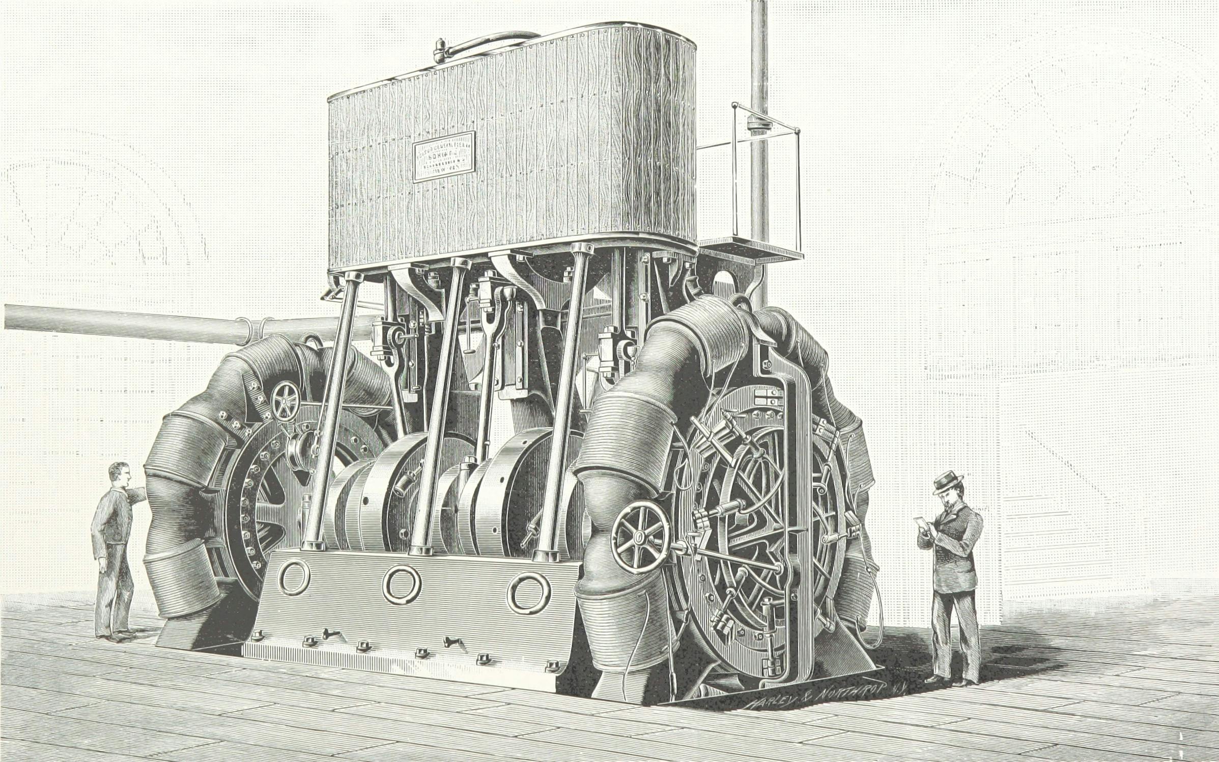 A black-and-white drawing of a multipolar dynamo, which is a large piece of machinery with multiple gears and pistons. A worker stands to each side of the machine.