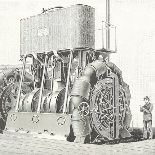 A black-and-white drawing of a multipolar dynamo, which is a large piece of machinery with multiple gears and pistons. A worker stands to each side of the machine.