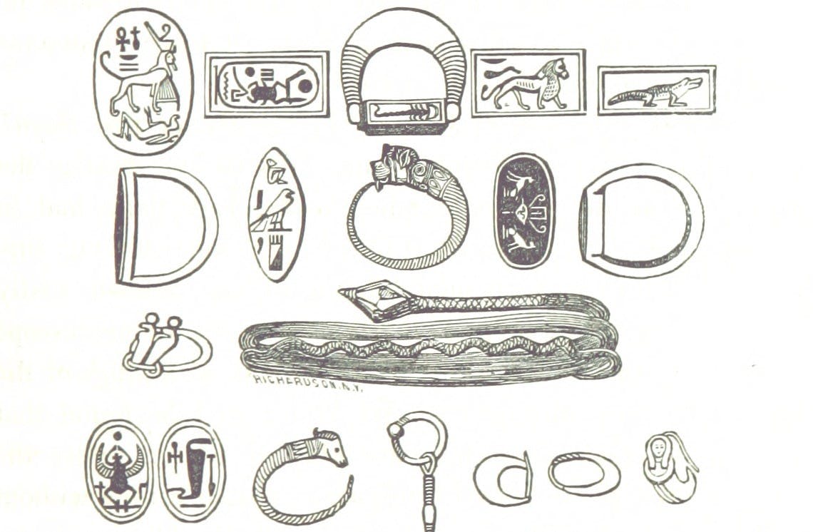 A black-and-white drawing of an array of Egyptian artifacts, including signet rings and bracelets.